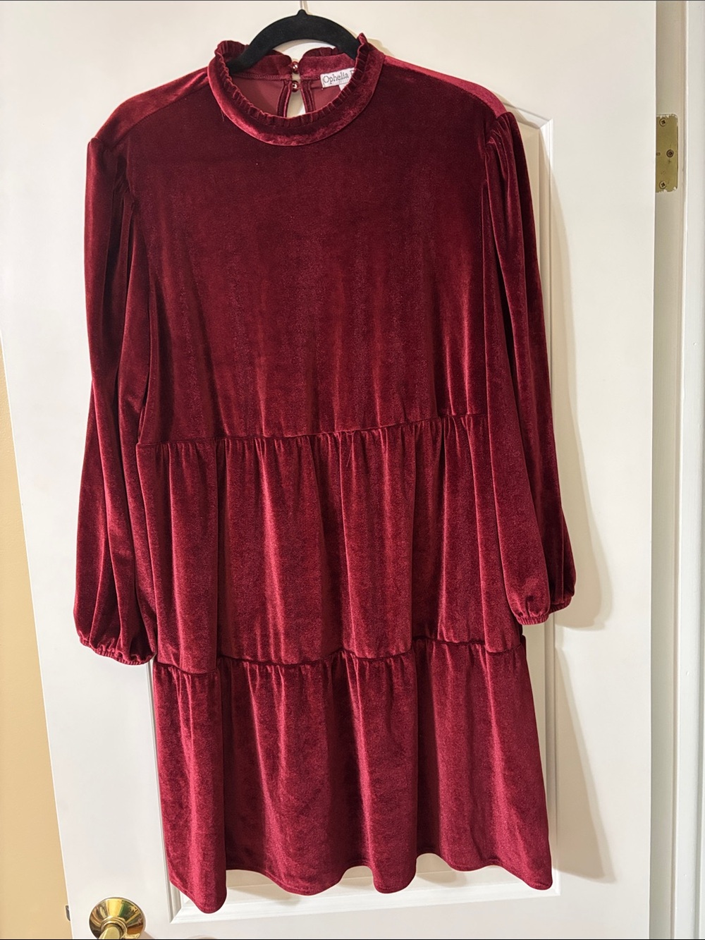 Velvet Long Sleeve Tiered Dress - Burgundy